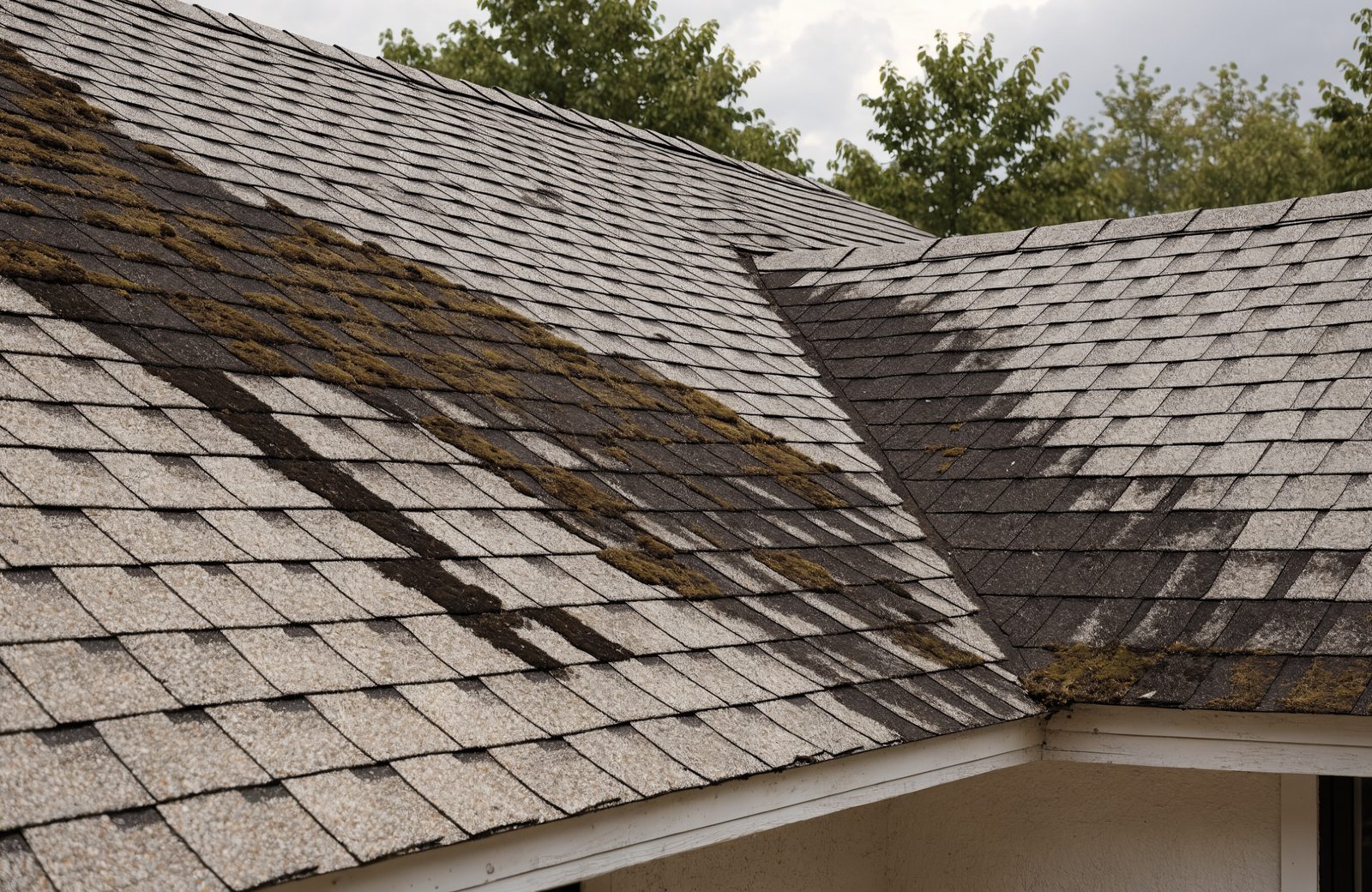 Toiture en bardeaux d'asphalte usée, avec traînées d'algues noires et mousse, avant traitement